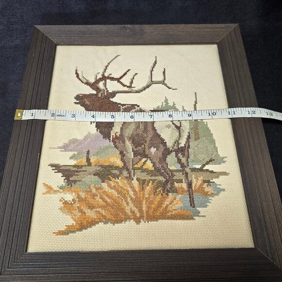 Vintage Hand Made Cross Stitch Wapiti Elk Inside a Wooden Hangable Frame - Picture 4 of 7
